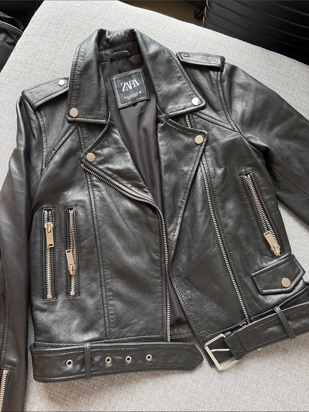 Zara Black Real Leather Biker Jacket with Silver Hardware
